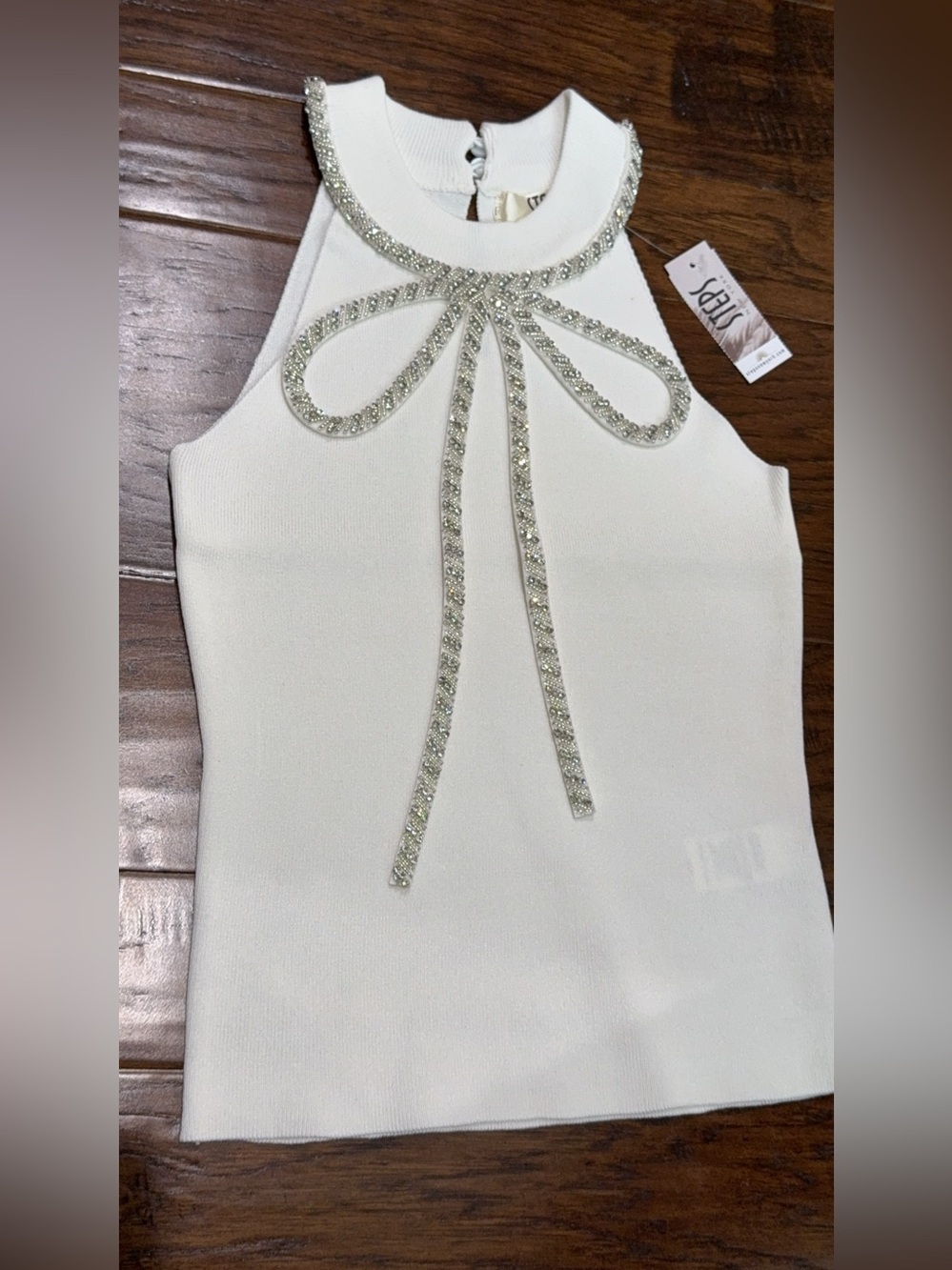 Embellished Bow Halter Tank Top in White